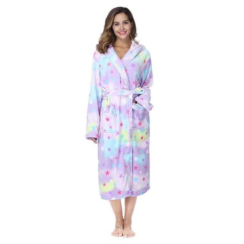 RONGTAI Womens Robes Plush Fleece Print Star Hooded Bathrobe Thick Nightgown with Pockets Fluffy Sleepwear XX-Large - Image 1
